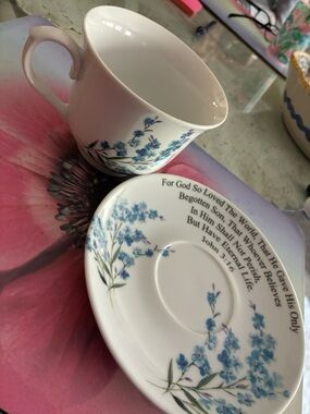 Kent Pottery White Teacup and Saucer with Blue Floral Accents